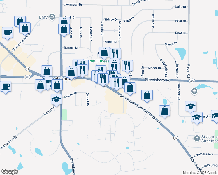 map of restaurants, bars, coffee shops, grocery stores, and more near Ohio 14 in Streetsboro