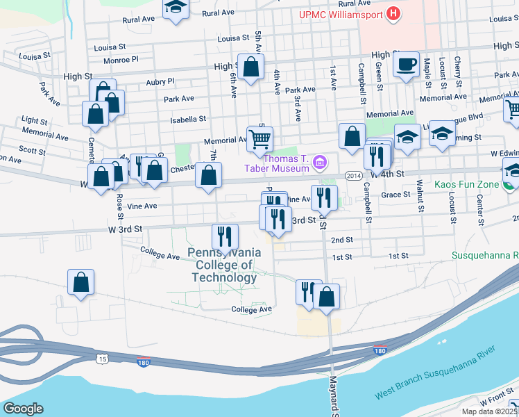 map of restaurants, bars, coffee shops, grocery stores, and more near 1030 Park Street in Williamsport