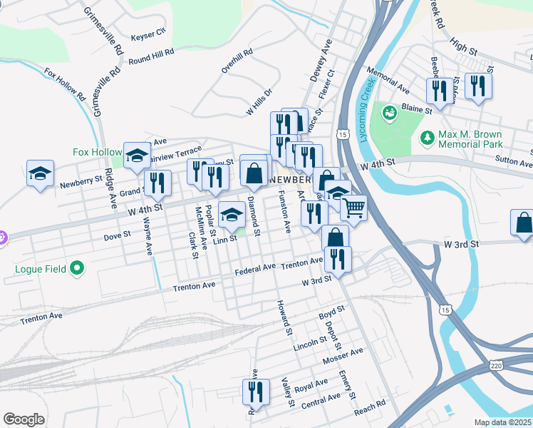 map of restaurants, bars, coffee shops, grocery stores, and more near 2119 King Street in Williamsport