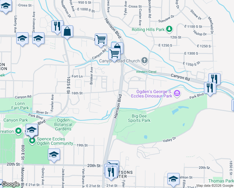 map of restaurants, bars, coffee shops, grocery stores, and more near 1627 1250 East Street in Ogden