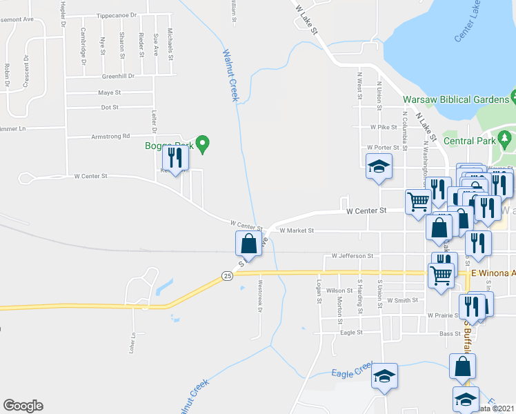 map of restaurants, bars, coffee shops, grocery stores, and more near 794 West Center Street in Warsaw