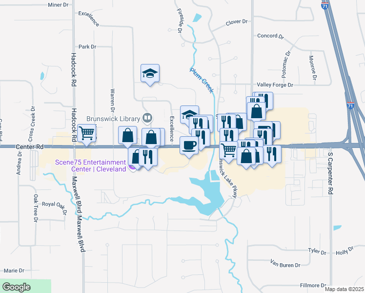 map of restaurants, bars, coffee shops, grocery stores, and more near 3574 Center Road in Brunswick