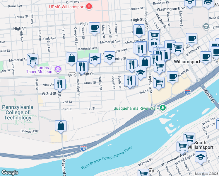 map of restaurants, bars, coffee shops, grocery stores, and more near 600 West 3rd Street in Williamsport