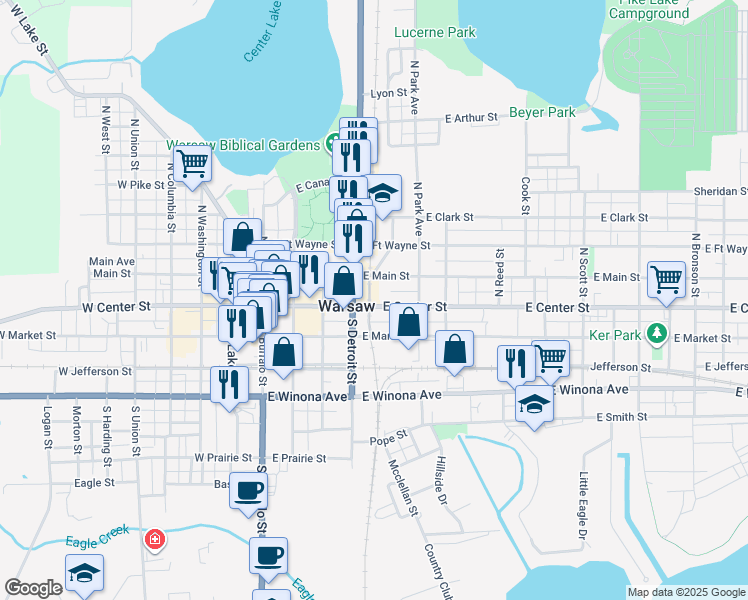map of restaurants, bars, coffee shops, grocery stores, and more near 501 East Center Street in Warsaw