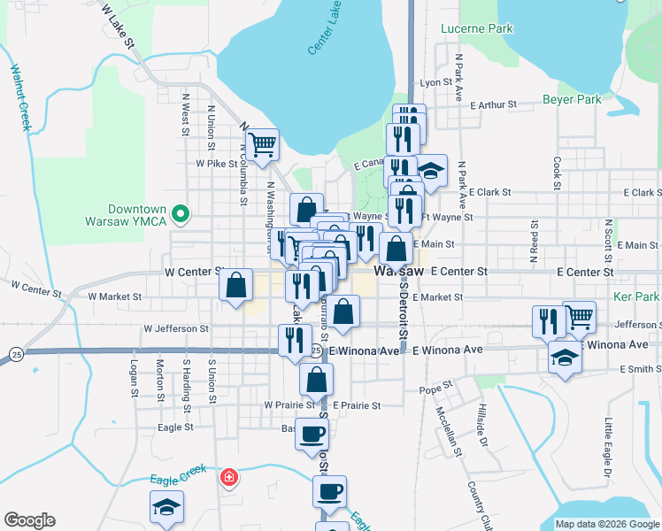 map of restaurants, bars, coffee shops, grocery stores, and more near 121 West Center Street in Warsaw
