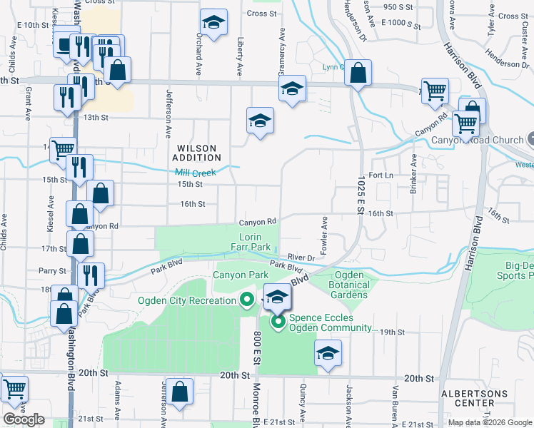 map of restaurants, bars, coffee shops, grocery stores, and more near 802 Canyon Road in Ogden