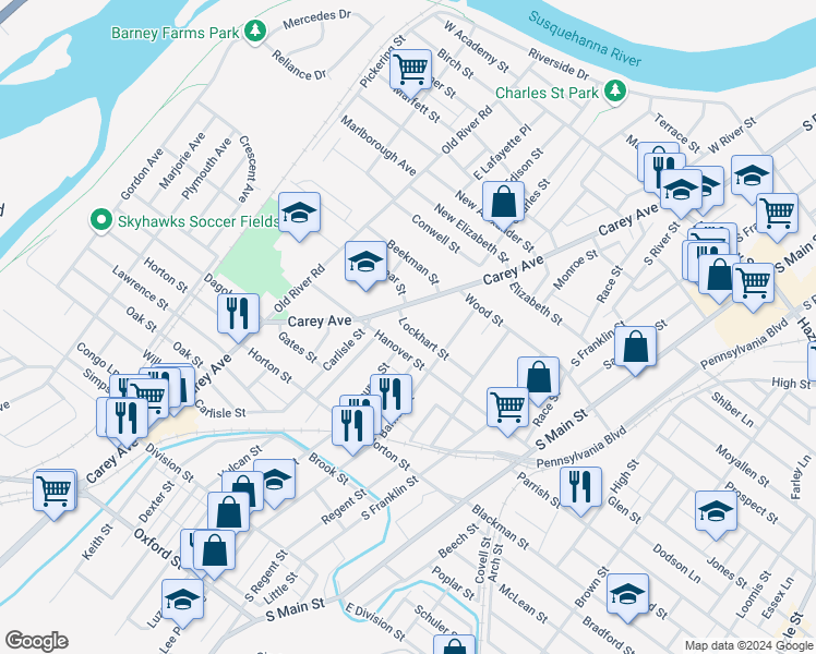 map of restaurants, bars, coffee shops, grocery stores, and more near 183 Hanover Street in Wilkes-Barre
