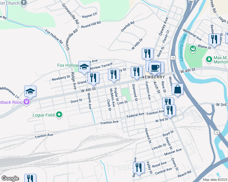 map of restaurants, bars, coffee shops, grocery stores, and more near 823 Poplar Street in Williamsport