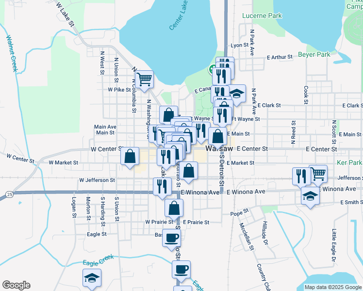 map of restaurants, bars, coffee shops, grocery stores, and more near 121 West Center Street in Warsaw