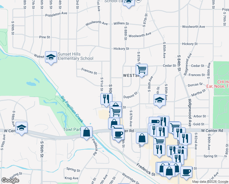 map of restaurants, bars, coffee shops, grocery stores, and more near in Omaha