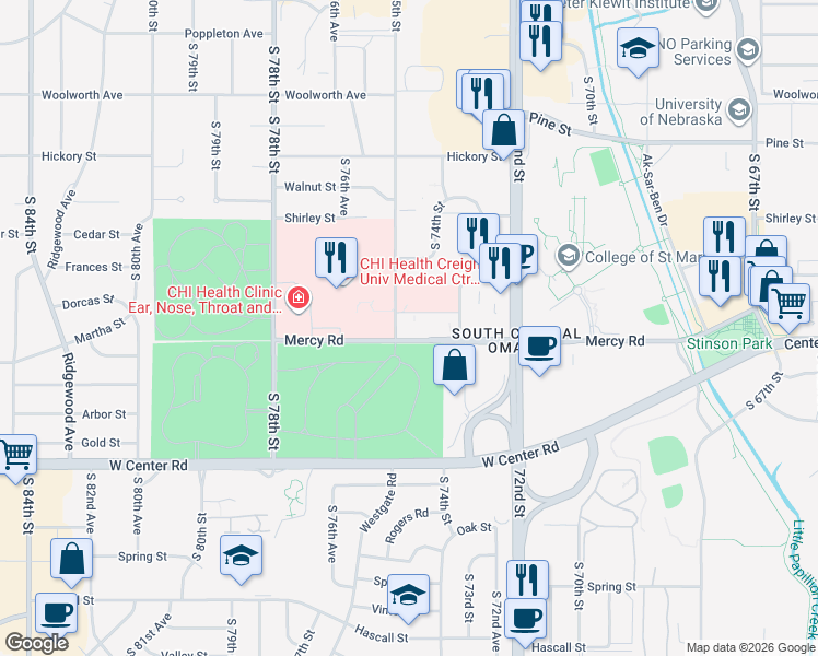 map of restaurants, bars, coffee shops, grocery stores, and more near 1330 South 70th Street in Omaha