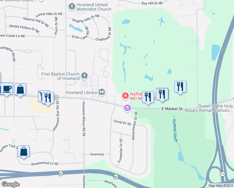 map of restaurants, bars, coffee shops, grocery stores, and more near 300 Turnberry Court Northeast in Warren