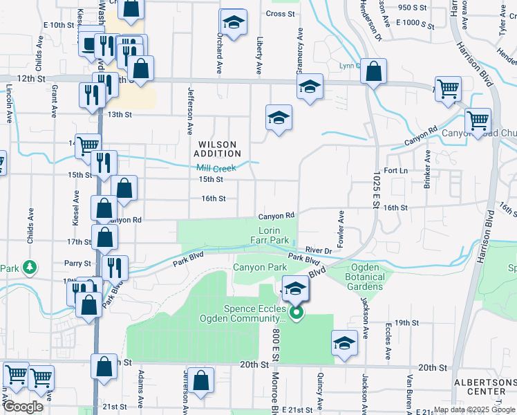 map of restaurants, bars, coffee shops, grocery stores, and more near 1650 Liberty Avenue in Ogden