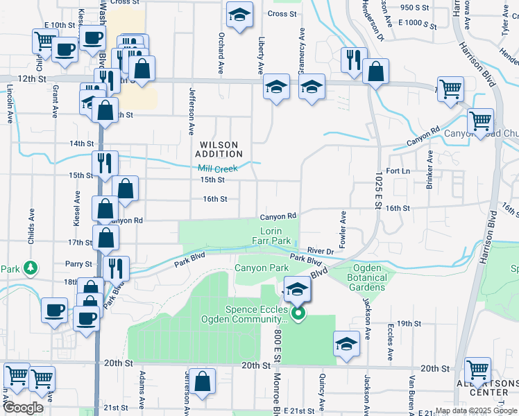 map of restaurants, bars, coffee shops, grocery stores, and more near 1650 Liberty Avenue in Ogden