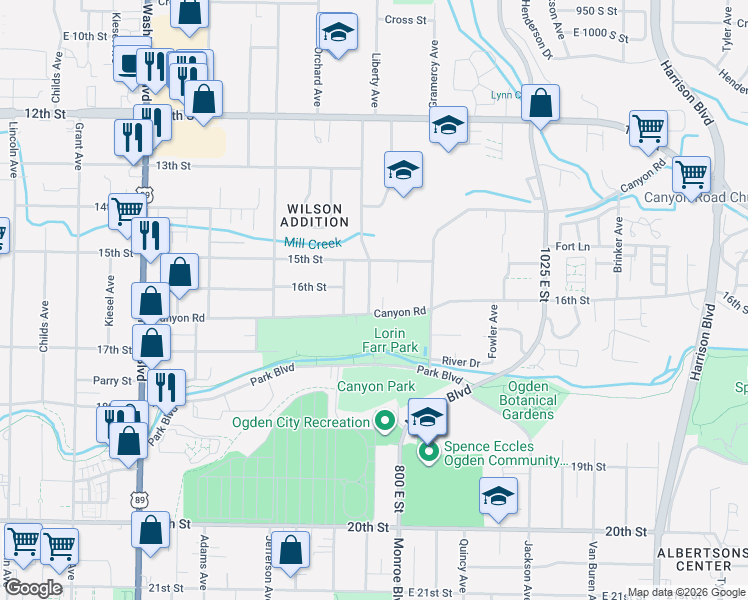 map of restaurants, bars, coffee shops, grocery stores, and more near 1650 Liberty Avenue in Ogden