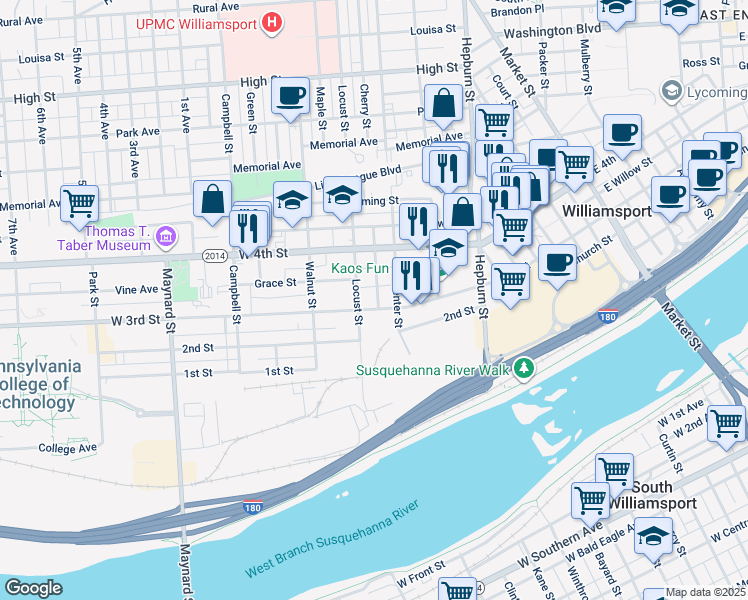 map of restaurants, bars, coffee shops, grocery stores, and more near 531-599 West 3rd Street in Williamsport