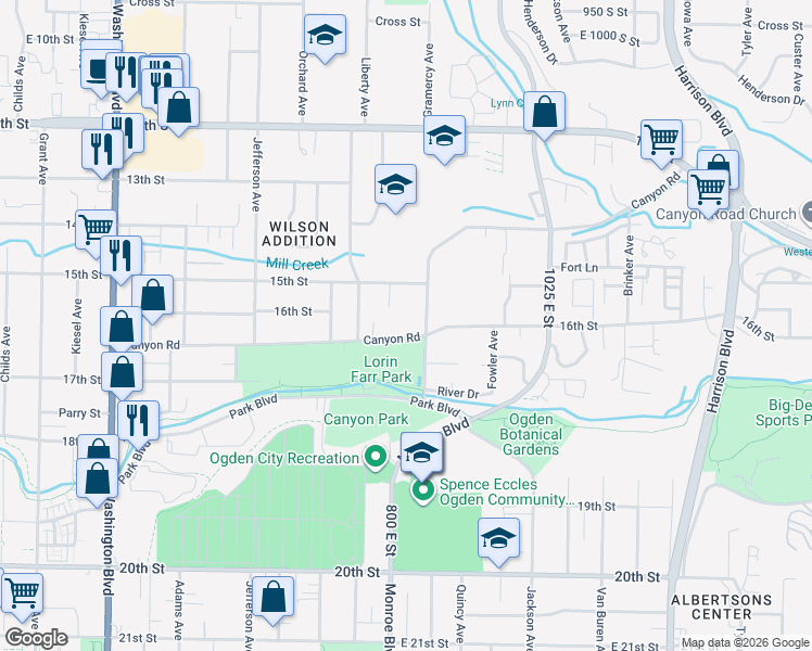 map of restaurants, bars, coffee shops, grocery stores, and more near 802 Canyon Road in Ogden