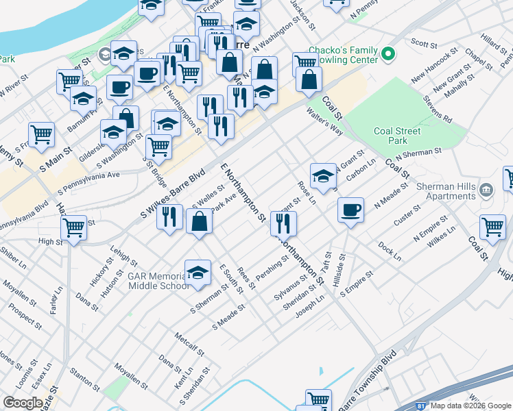 map of restaurants, bars, coffee shops, grocery stores, and more near in Wilkes-Barre