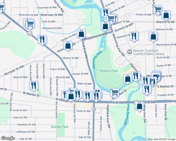 map of restaurants, bars, coffee shops, grocery stores, and more near 848 Hunter Street Northwest in Warren