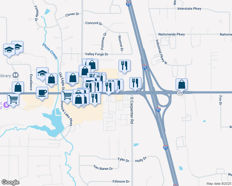 map of restaurants, bars, coffee shops, grocery stores, and more near State Route 303 & Clearbrooke Dr in Brunswick