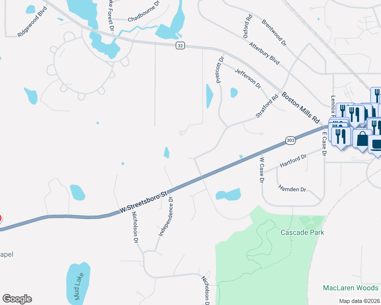 map of restaurants, bars, coffee shops, grocery stores, and more near 30 Prescott Drive in Hudson