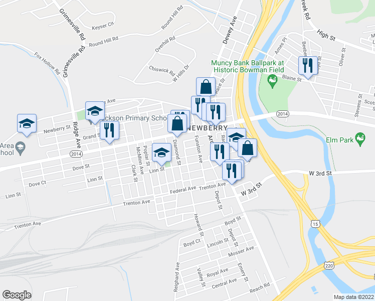map of restaurants, bars, coffee shops, grocery stores, and more near 2117 King Street in Williamsport