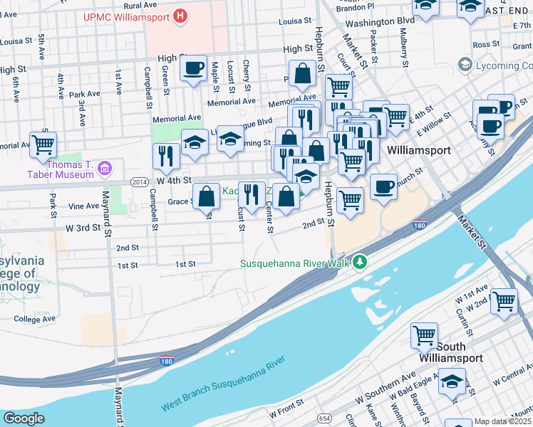 map of restaurants, bars, coffee shops, grocery stores, and more near Center St in Williamsport