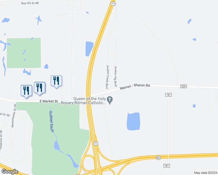 map of restaurants, bars, coffee shops, grocery stores, and more near 201 Avalon Creek Boulevard in Trumbull County