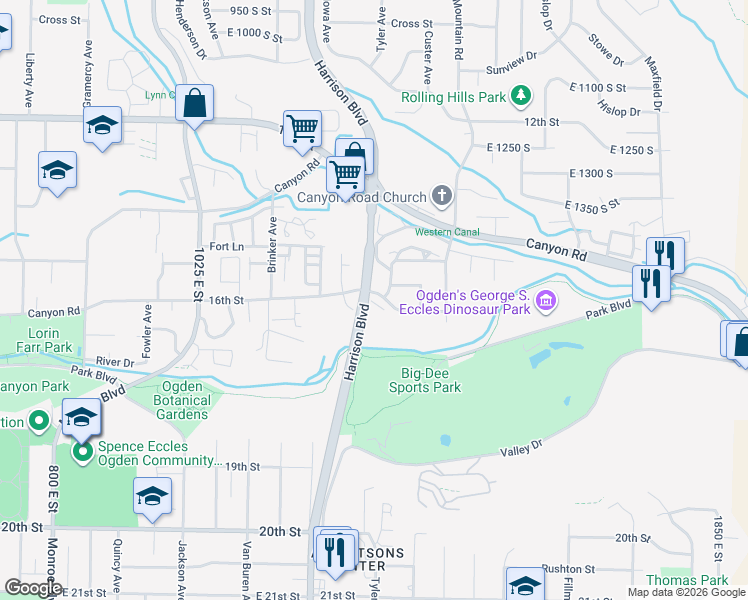 map of restaurants, bars, coffee shops, grocery stores, and more near 1281 16th Street in Ogden