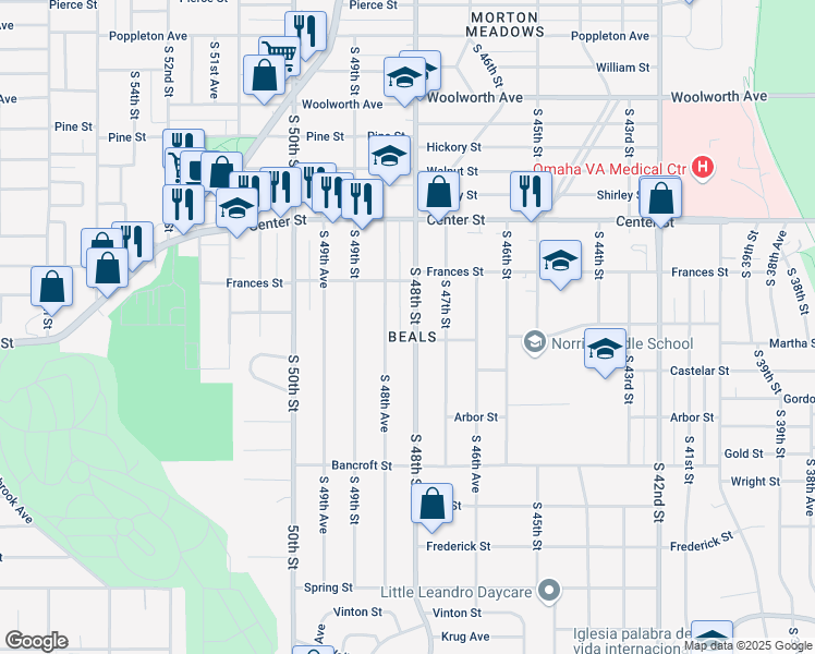 map of restaurants, bars, coffee shops, grocery stores, and more near 2153 South 48th Avenue in Omaha