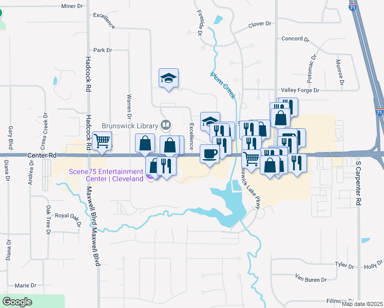 map of restaurants, bars, coffee shops, grocery stores, and more near 3581 Center Road in Brunswick