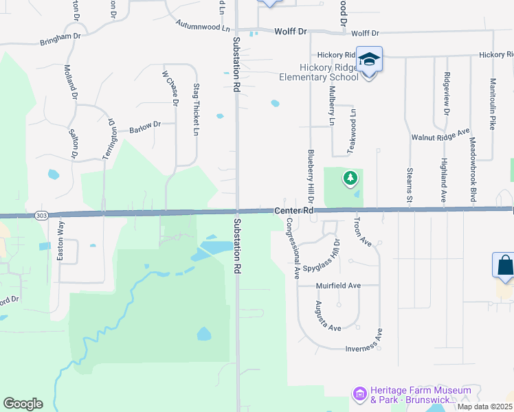 map of restaurants, bars, coffee shops, grocery stores, and more near 4813 Center Road in Brunswick