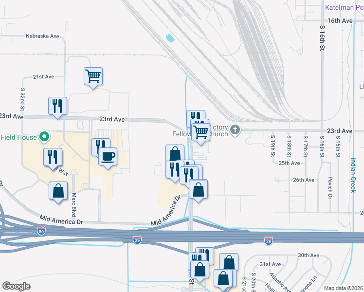 map of restaurants, bars, coffee shops, grocery stores, and more near 2338-2430 South 24th Street in Council Bluffs