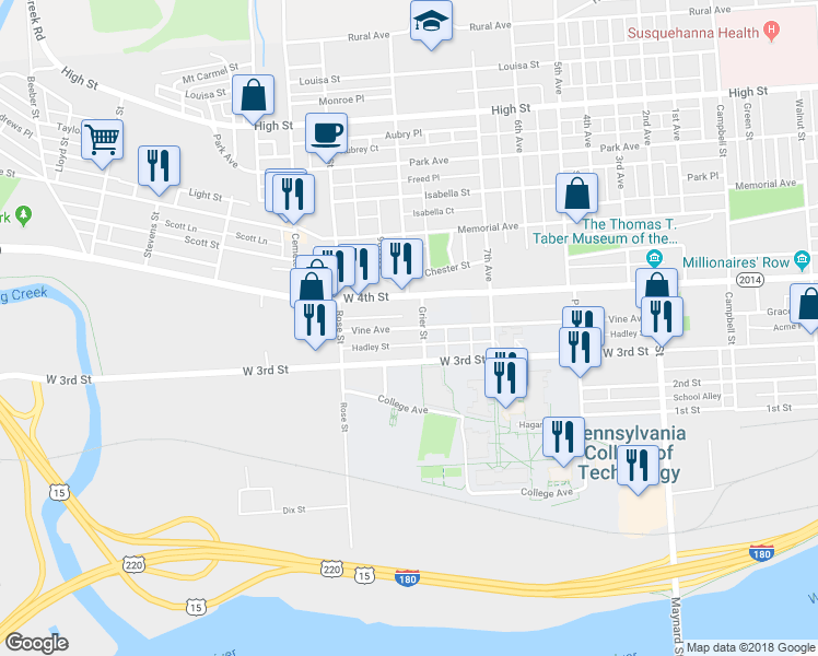 map of restaurants, bars, coffee shops, grocery stores, and more near 1216 Vine Avenue in Williamsport