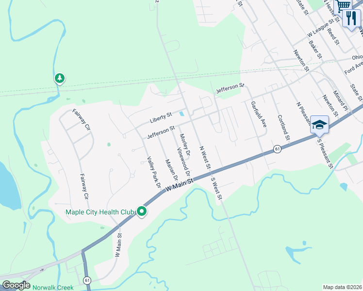 map of restaurants, bars, coffee shops, grocery stores, and more near 35 Vinewood Drive in Norwalk