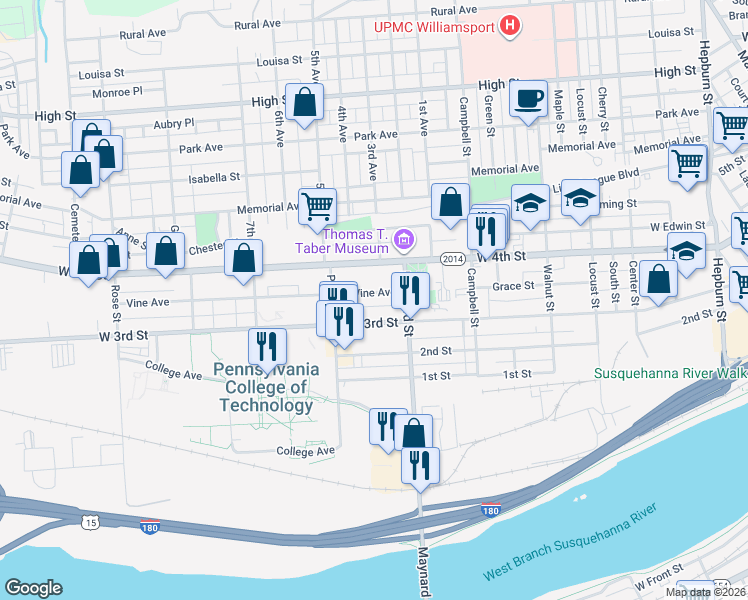 map of restaurants, bars, coffee shops, grocery stores, and more near 946 West 3rd Street in Williamsport
