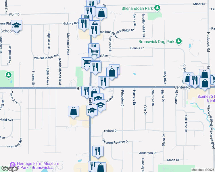 map of restaurants, bars, coffee shops, grocery stores, and more near 4236 Center Road in Brunswick