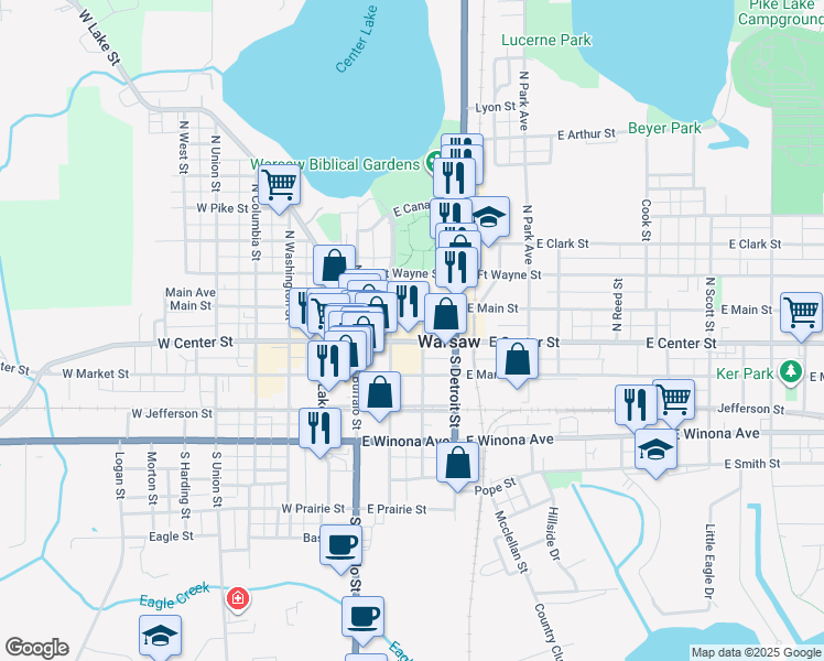 map of restaurants, bars, coffee shops, grocery stores, and more near 310 East Center Street in Warsaw
