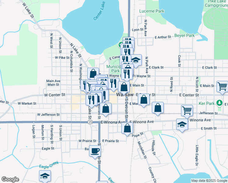 map of restaurants, bars, coffee shops, grocery stores, and more near 310 East Center Street in Warsaw