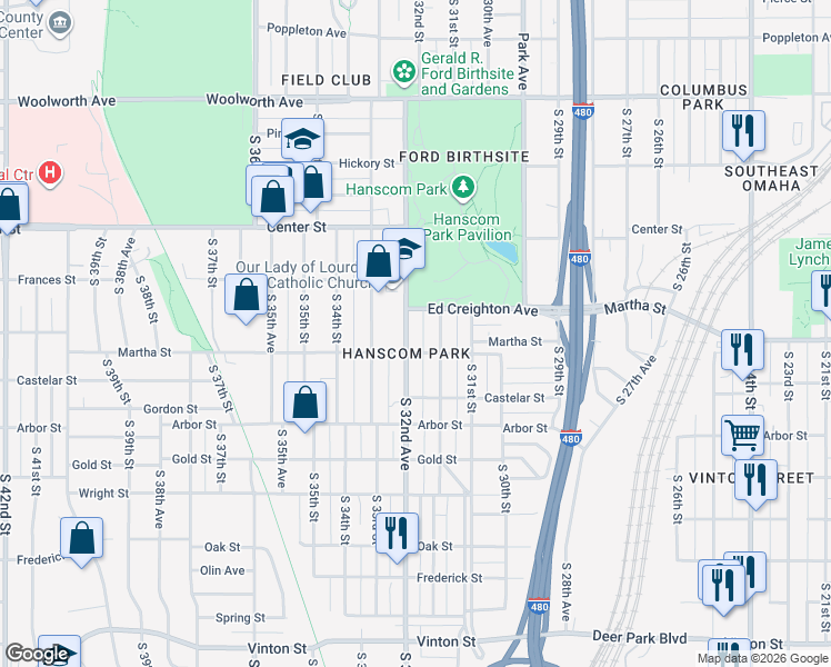 map of restaurants, bars, coffee shops, grocery stores, and more near 2230 Hanscom Boulevard in Omaha