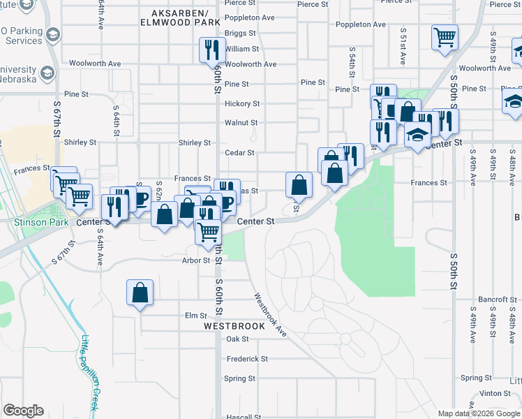 map of restaurants, bars, coffee shops, grocery stores, and more near 5638 Center Street in Omaha