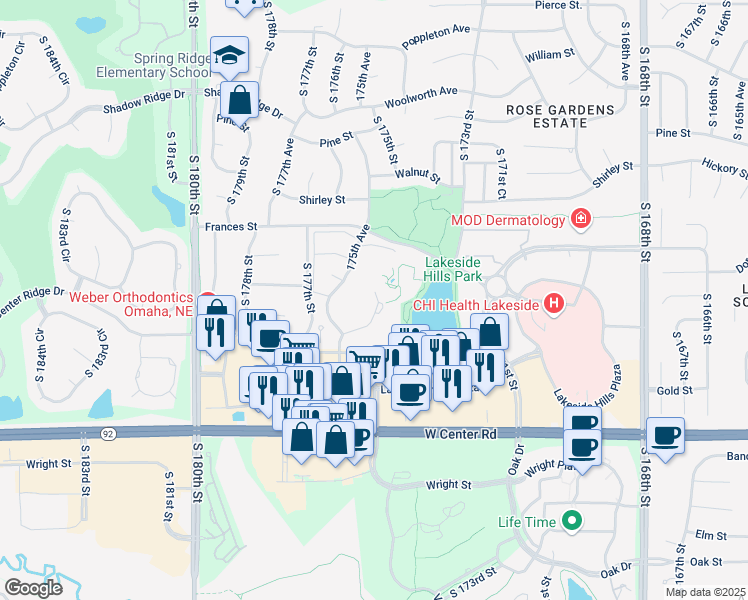 map of restaurants, bars, coffee shops, grocery stores, and more near 17600 Arbor Street in Omaha