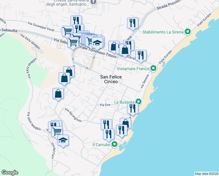 map of restaurants, bars, coffee shops, grocery stores, and more near Via degli Argonauti in San Felice Circeo