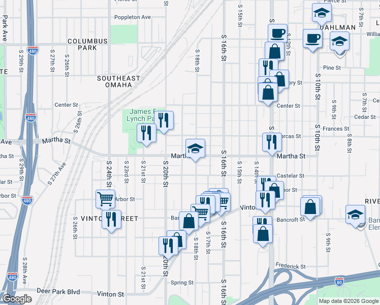 map of restaurants, bars, coffee shops, grocery stores, and more near 2316 South 18th Street in Omaha