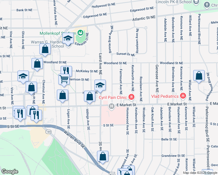 map of restaurants, bars, coffee shops, grocery stores, and more near 205 Bonnie Brae Avenue Northeast in Warren