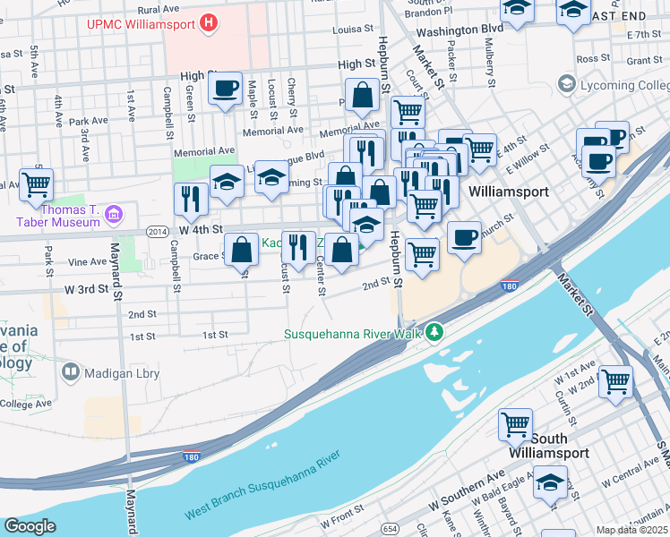 map of restaurants, bars, coffee shops, grocery stores, and more near Center St in Williamsport