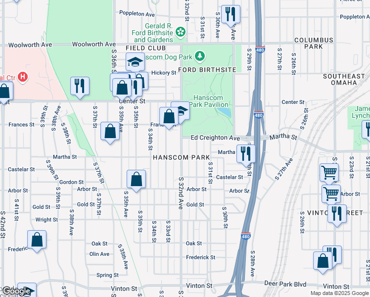 map of restaurants, bars, coffee shops, grocery stores, and more near 2230 Hanscom Boulevard in Omaha