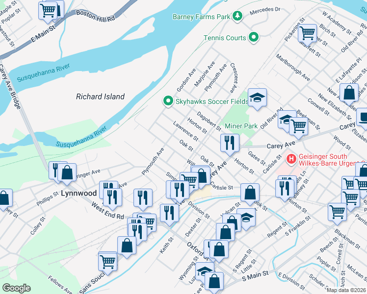 map of restaurants, bars, coffee shops, grocery stores, and more near 133 Willow Street in Wilkes-Barre