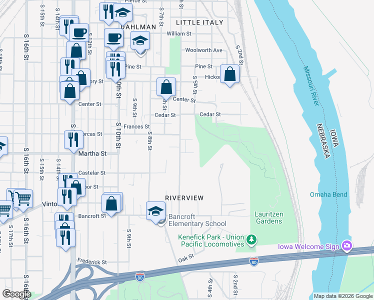 map of restaurants, bars, coffee shops, grocery stores, and more near 507 Martha Street in Omaha