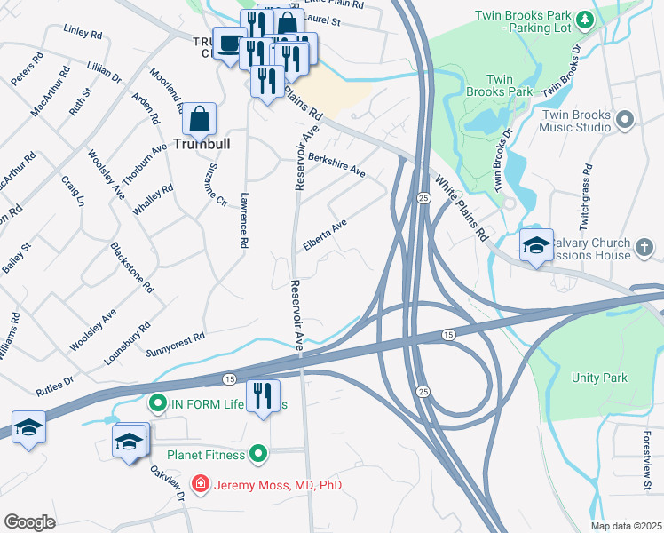 map of restaurants, bars, coffee shops, grocery stores, and more near 2750 Reservoir Avenue in Trumbull